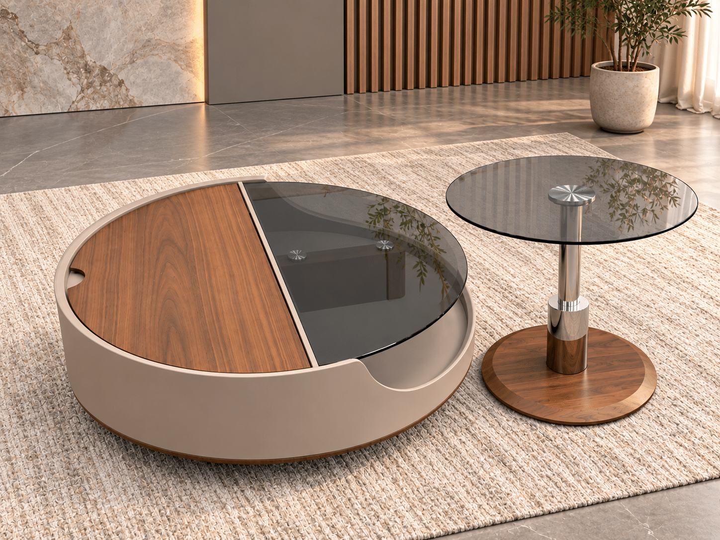 Ensemble de tables basses design – Bois & verre fumé – Image 2