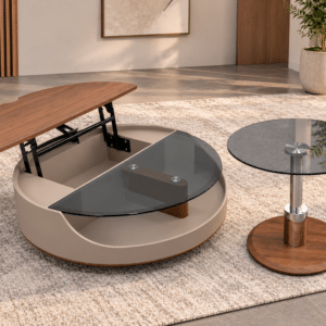 Ensemble de tables basses design – Bois & verre fumé
