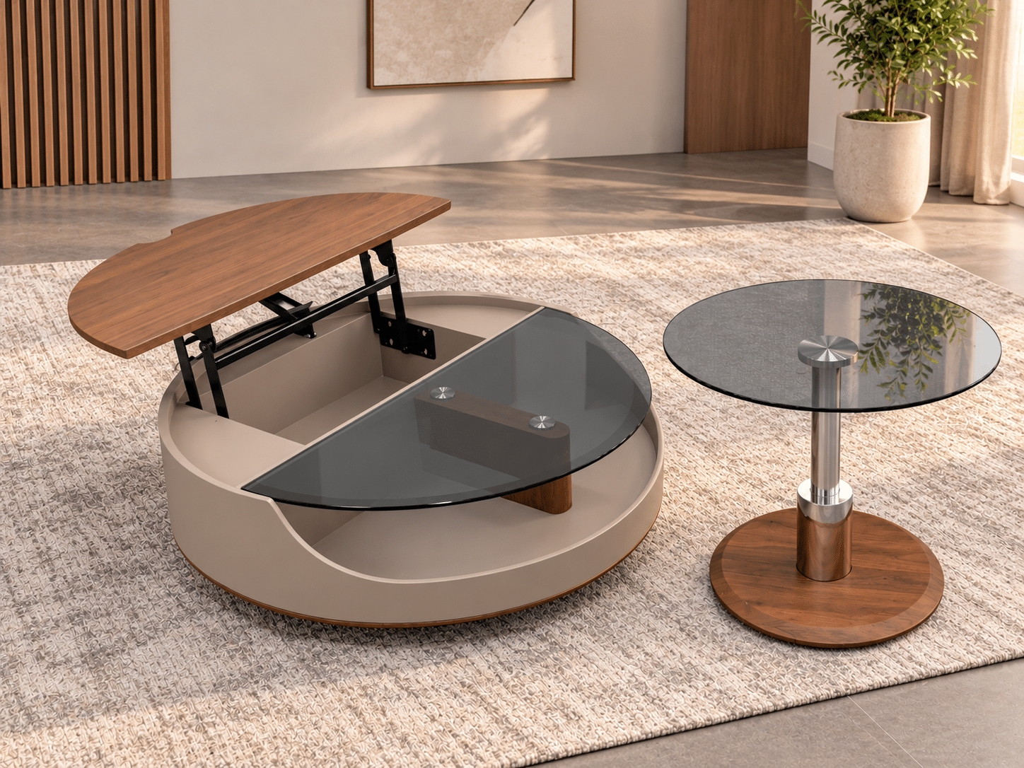 Ensemble de tables basses design – Bois & verre fumé