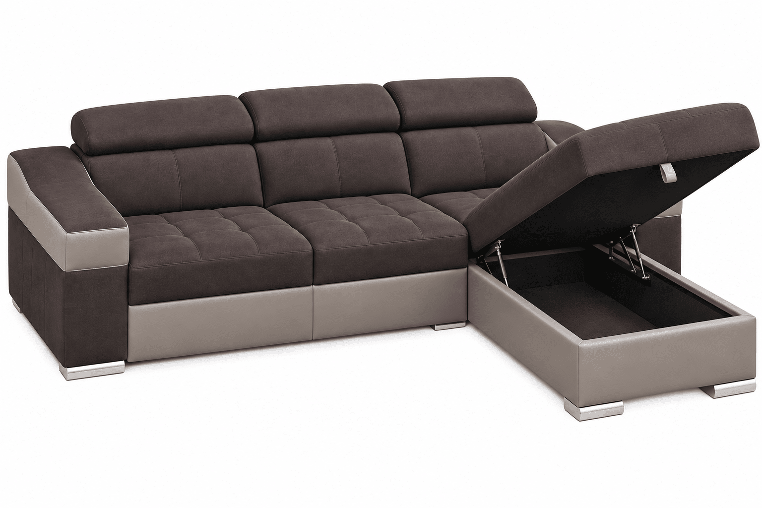 Canapé d’angle convertible et réversible PLAZA avec têtières relevables et coffre de rangement en tissu marron et simili gris – Image 4