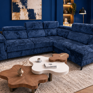 Canapé d’angle convertible MATRAS – Tissu bleu nuit avec coffre de rangement et têtières réglables