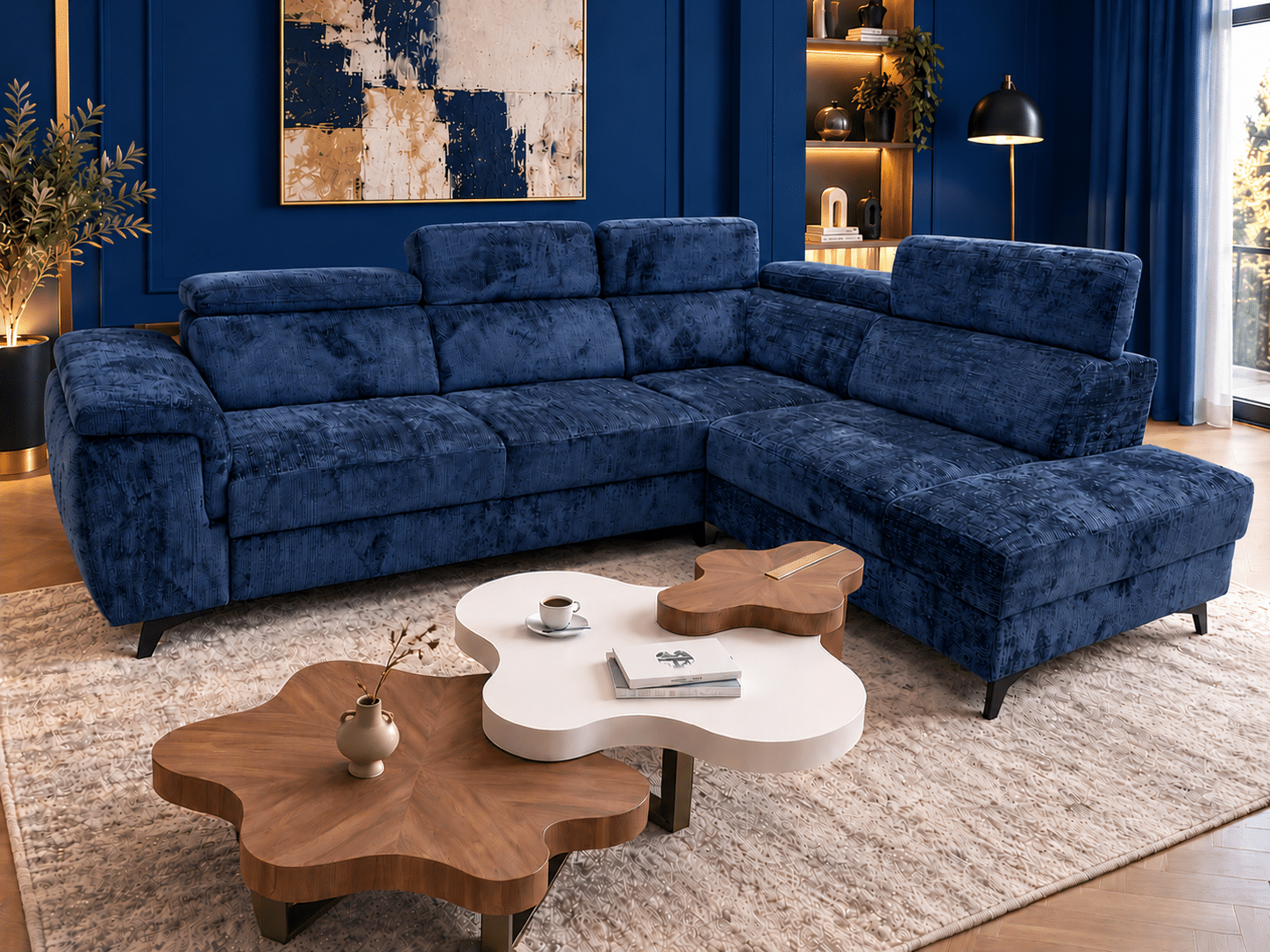 Canapé d’angle convertible MATRAS – Tissu bleu nuit avec coffre de rangement et têtières réglables