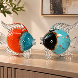 Lot de 2 poissons décoratifs en verre soufflé – Bleu et orange
