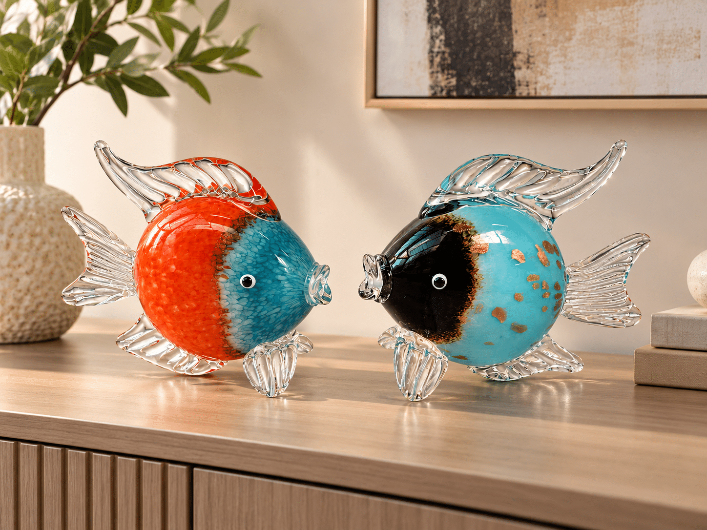 Lot de 2 poissons décoratifs en verre soufflé – Bleu et orange