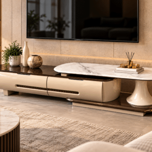Meuble TV BROTI design ajustable  contemporain – Effet marbre blanc & finition laquée beige