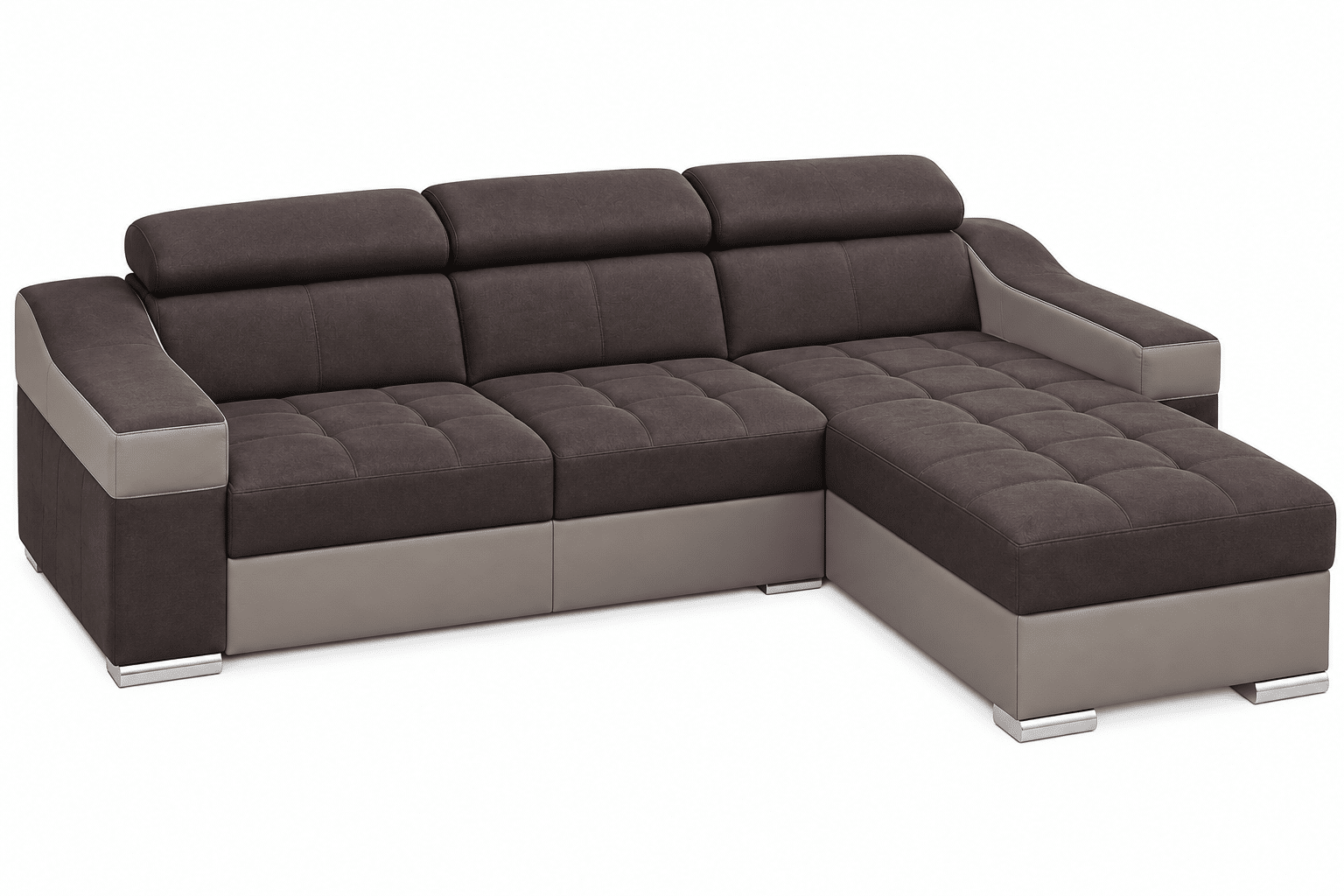 Canapé d’angle convertible et réversible PLAZA avec têtières relevables et coffre de rangement en tissu marron et simili gris – Image 2