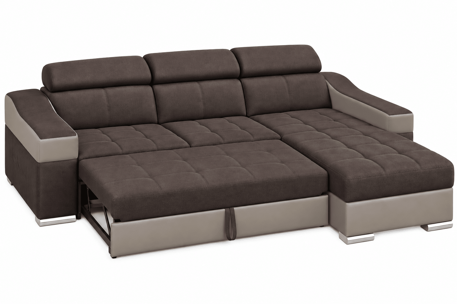 Canapé d’angle convertible et réversible PLAZA avec têtières relevables et coffre de rangement en tissu marron et simili gris – Image 3