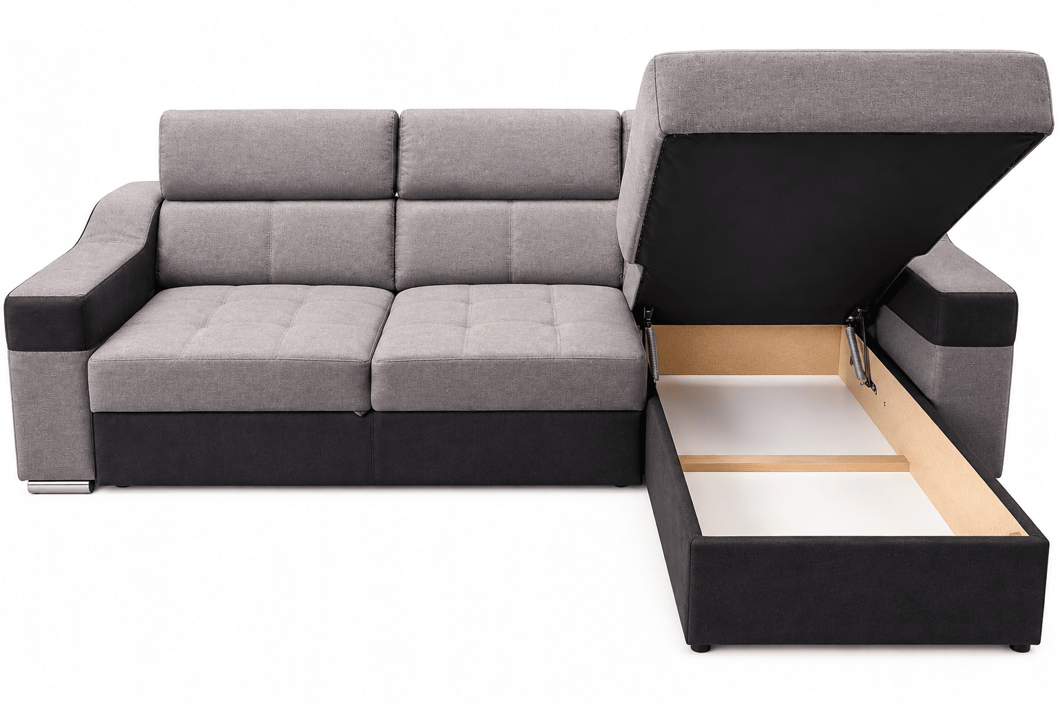 Canapé d’angle convertible et réversible PLAZA avec têtières relevables et coffre de rangement en tissu gris et microfibre noir – Image 3
