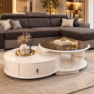 Table basse RIKA  design ajustable  – Blanc laqué & verre fumé