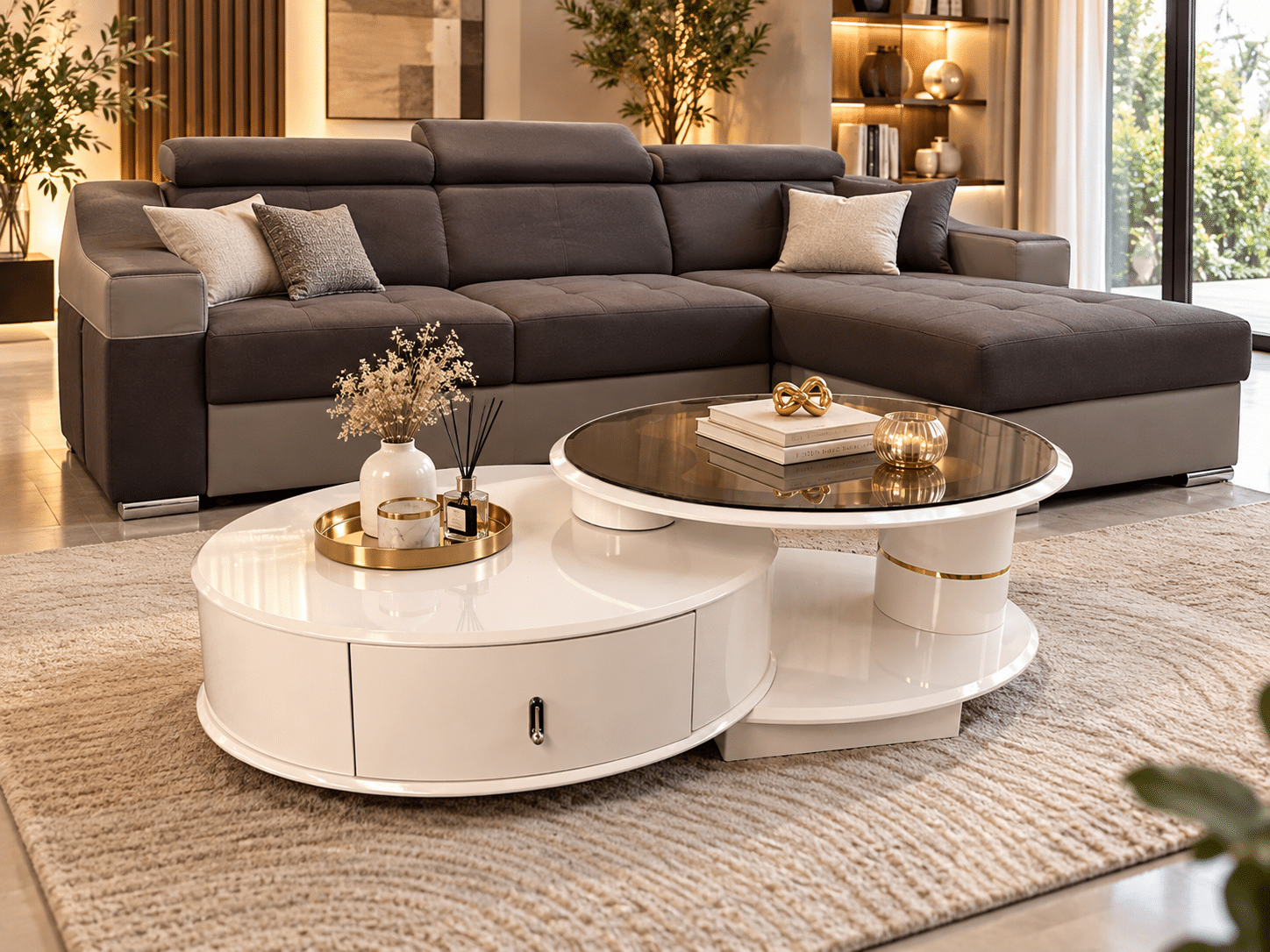 Table basse RIKA design ajustable – Blanc laqué & verre fumé