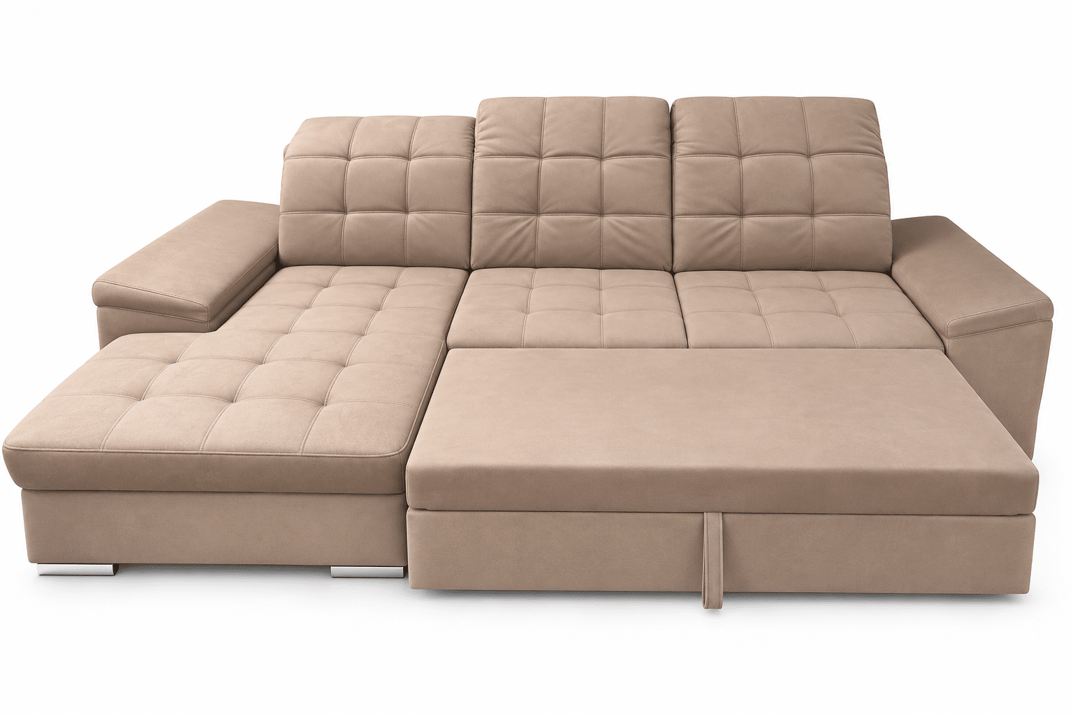 Canapé d'angle convertible Nigrum en velours taupe avec coffre de rangement et têtières réglables – Image 4