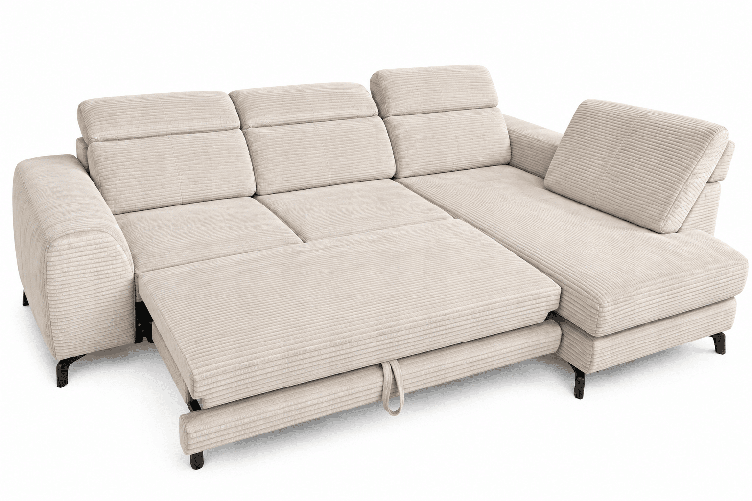 Canapé d’angle convertible TYLOR – Velours côtelé BEIGE avec têtières réglables avec coffre de rangement – Image 3