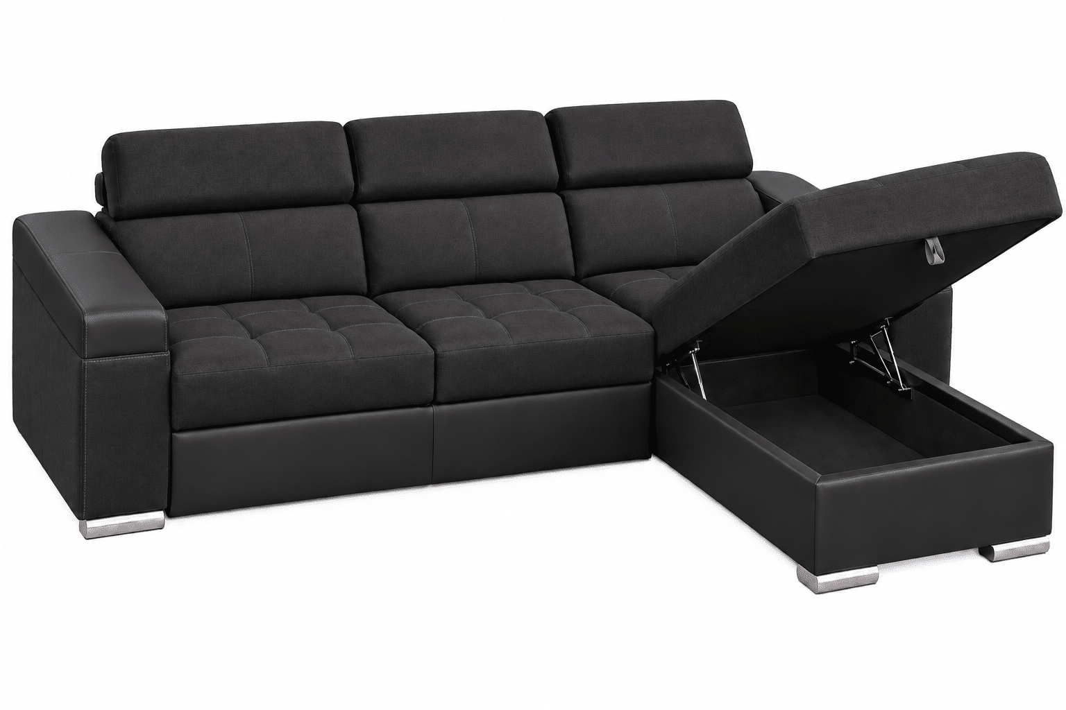 Canapé d’angle convertible et réversible PLAZA avec têtières relevables et coffre de rangement en tissu noir et simili noir – Image 3