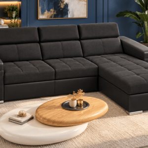Canapé d’angle convertible et réversible PLAZA avec têtières relevables et coffre de rangement en tissu noir et simili noir