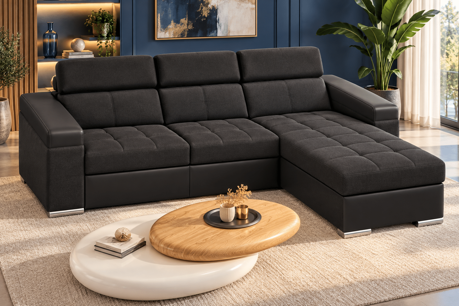Canapé d’angle convertible et réversible PLAZA avec têtières relevables et coffre de rangement en tissu noir et simili noir