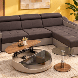 Canapé d’angle convertible et réversible PLAZA avec têtières relevables et coffre de rangement en tissu marron et simili gris