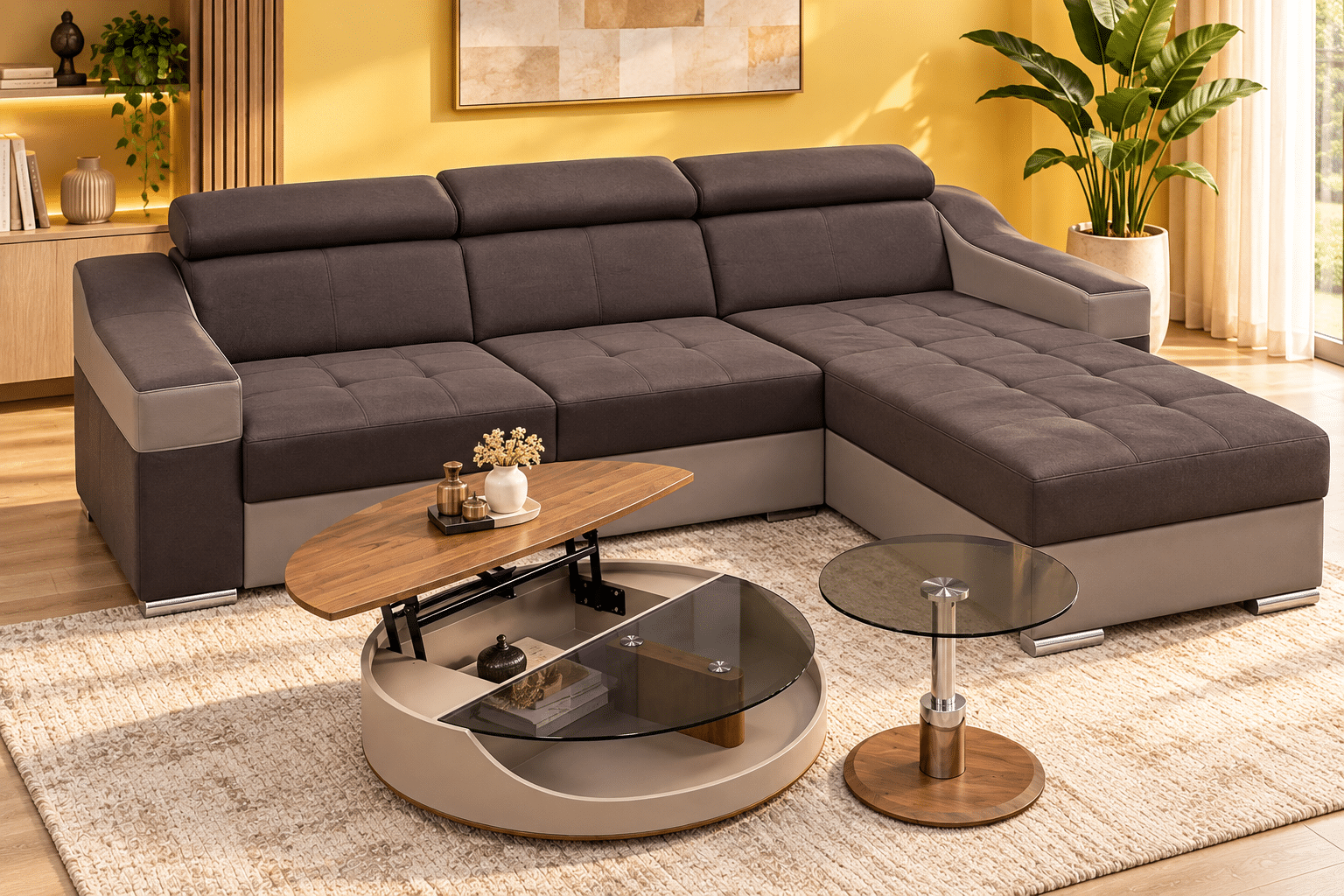 Canapé d’angle convertible et réversible PLAZA avec têtières relevables et coffre de rangement en tissu marron et simili gris