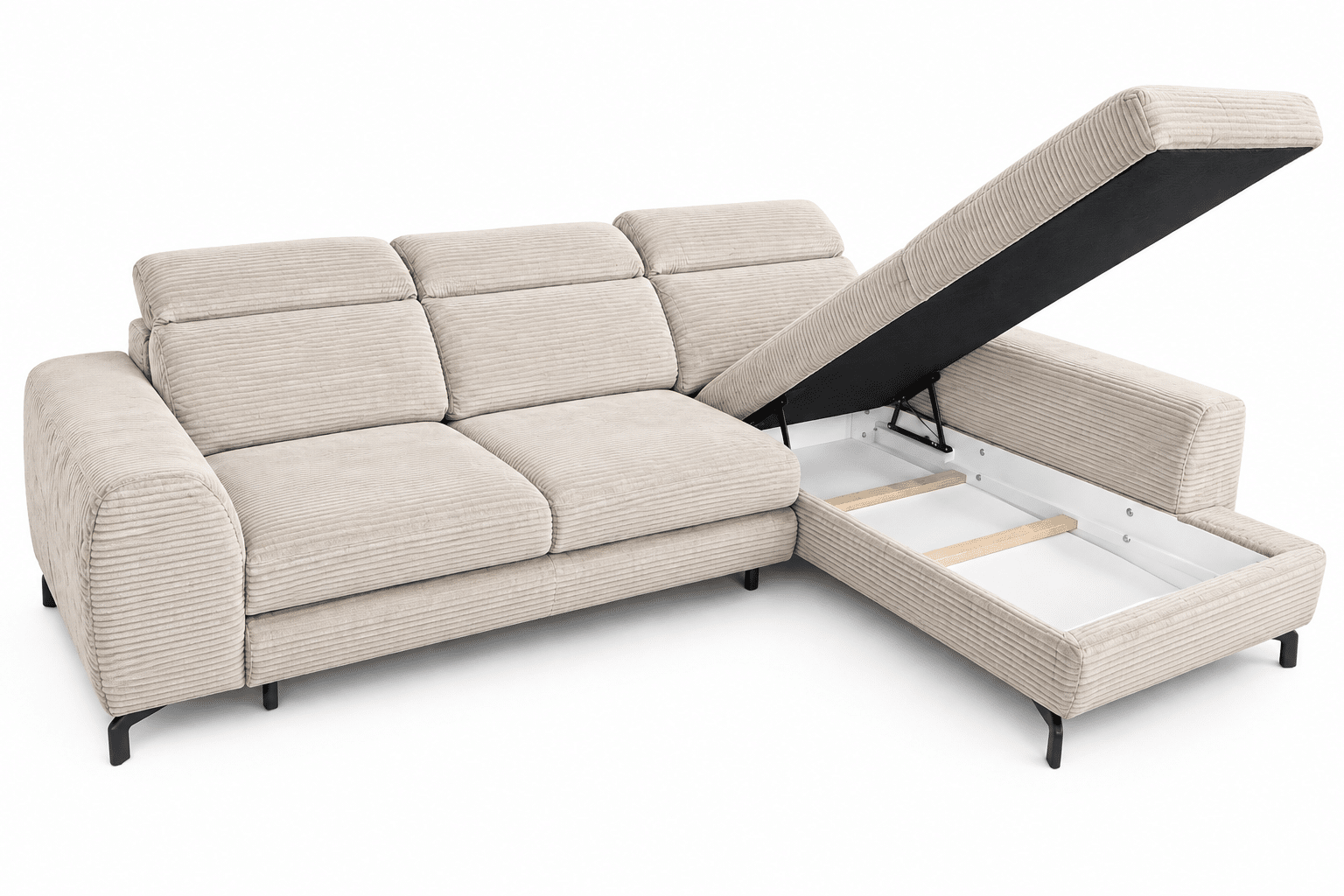 Canapé d’angle convertible TYLOR – Velours côtelé BEIGE avec têtières réglables avec coffre de rangement – Image 2