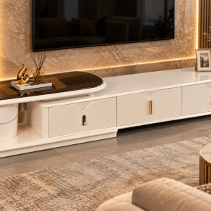 Meuble TV RIKA ajustable design – Blanc brillant & verre fumé