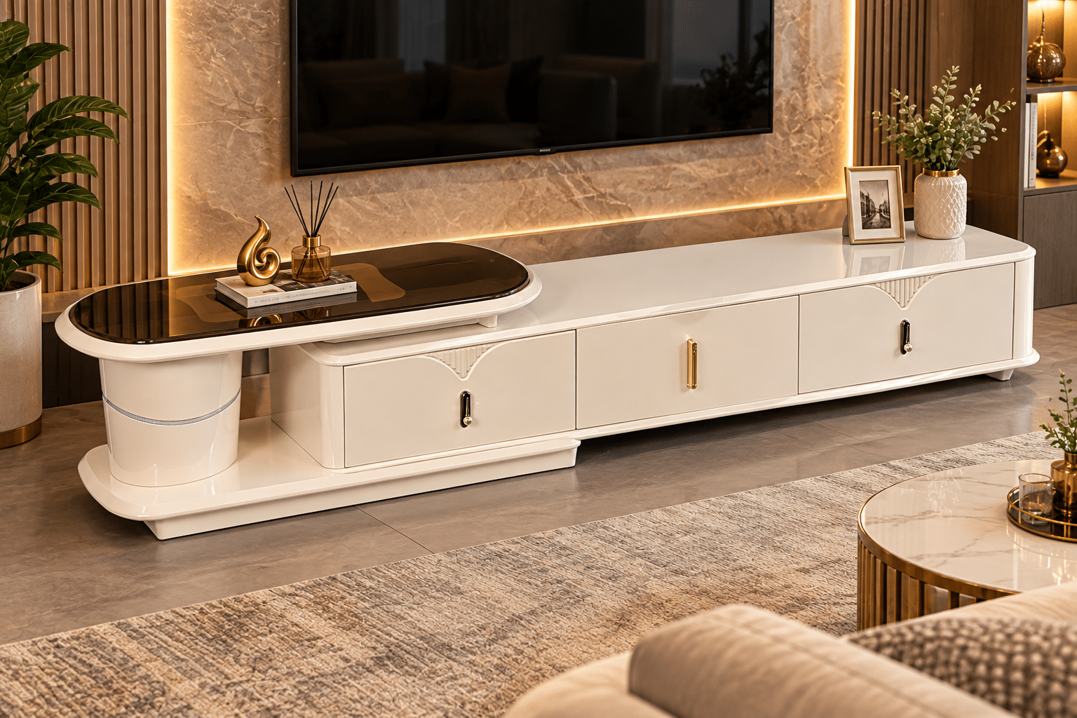 Meuble TV RIKA ajustable design – Blanc brillant & verre fumé