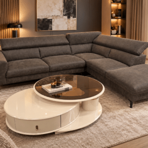 Canapé d'angle olanta avec têtières réglables en tissu texas marron