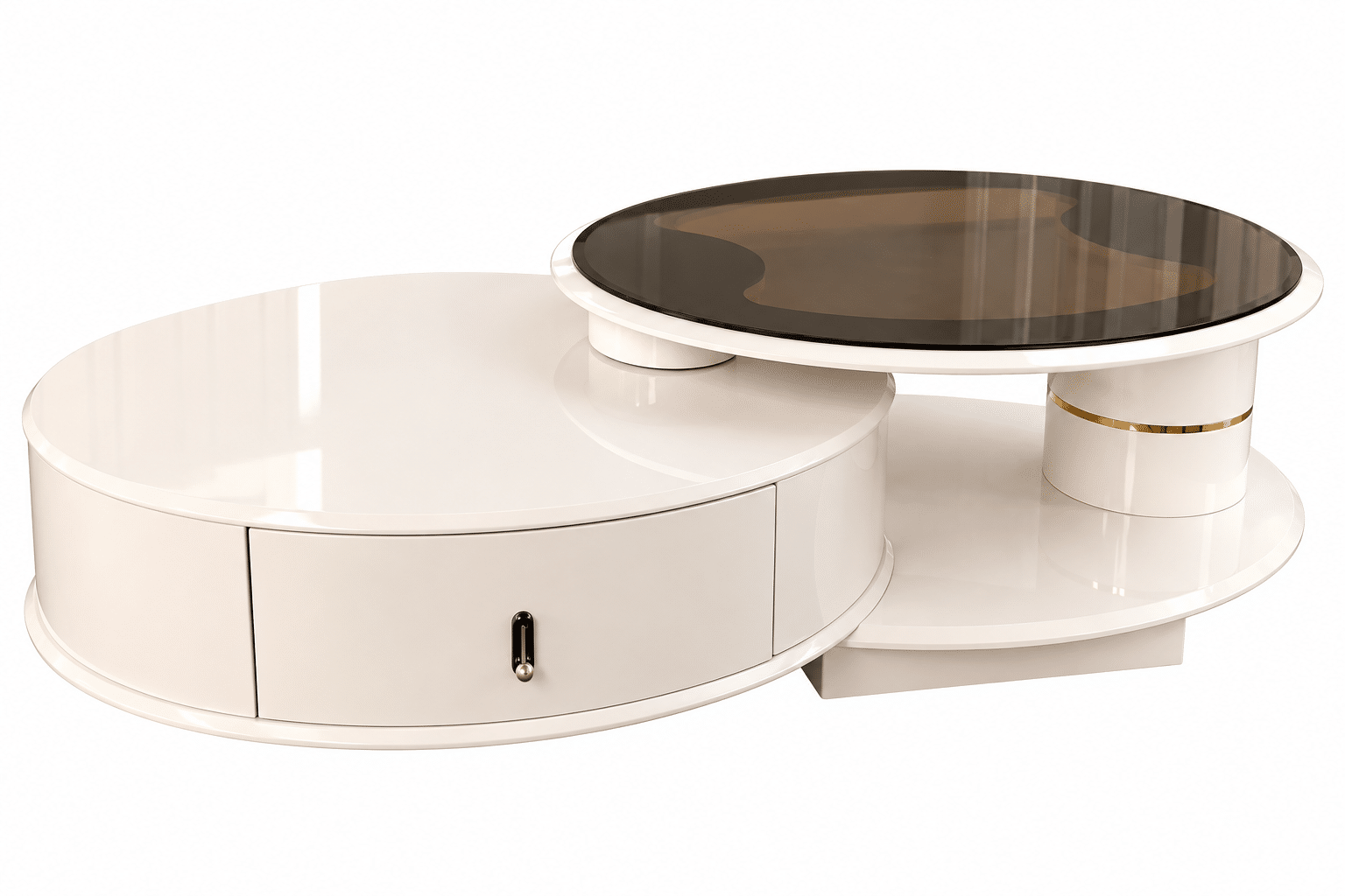 Table basse RIKA design ajustable – Blanc laqué & verre fumé – Image 2