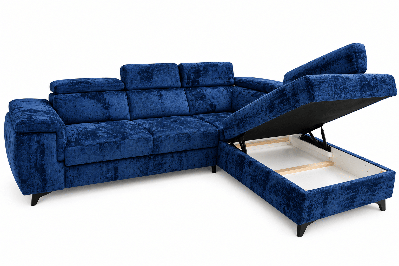 Canapé d’angle convertible MATRAS – Tissu bleu nuit avec coffre de rangement et têtières réglables – Image 3