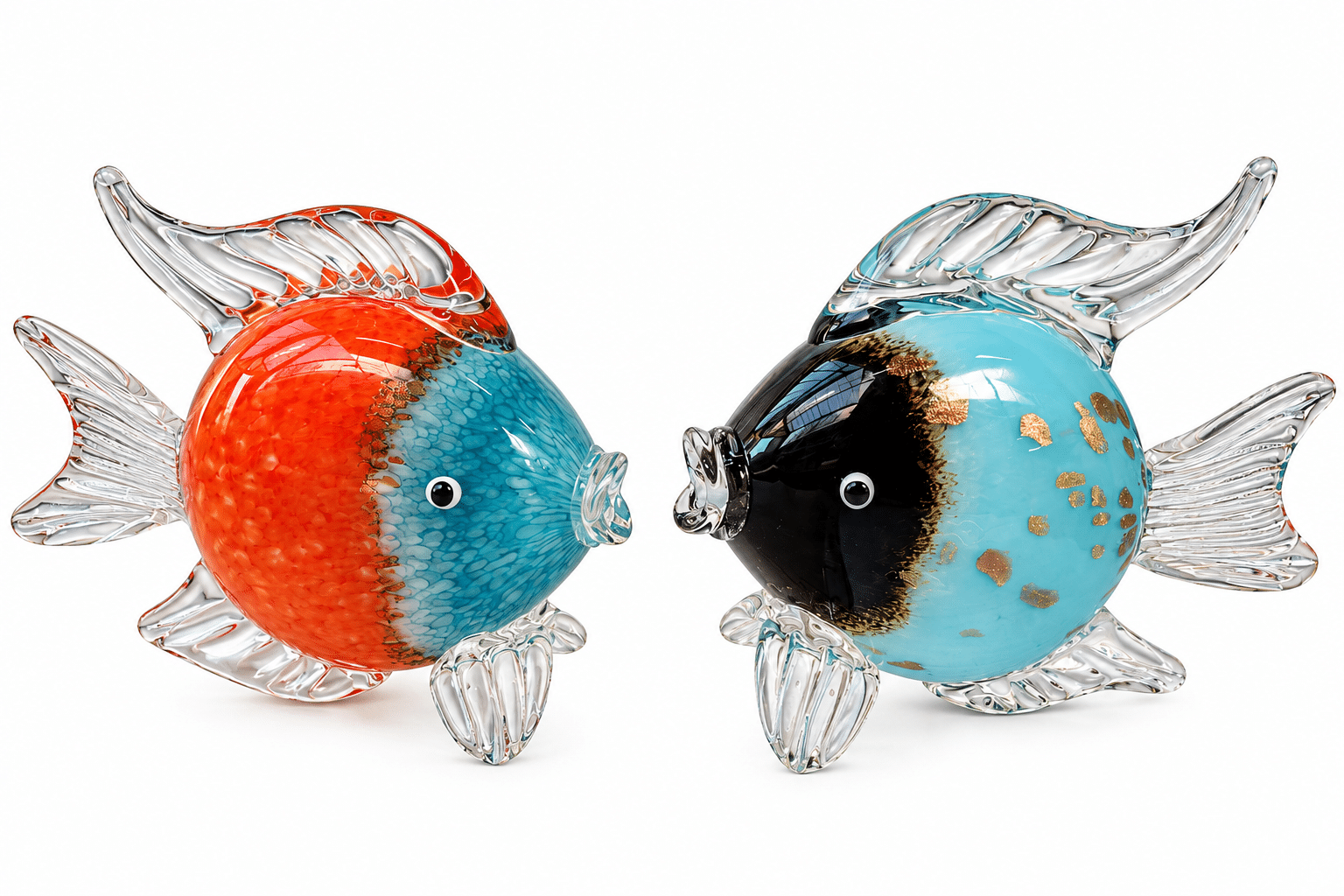 Lot de 2 poissons décoratifs en verre soufflé – Bleu et orange – Image 2