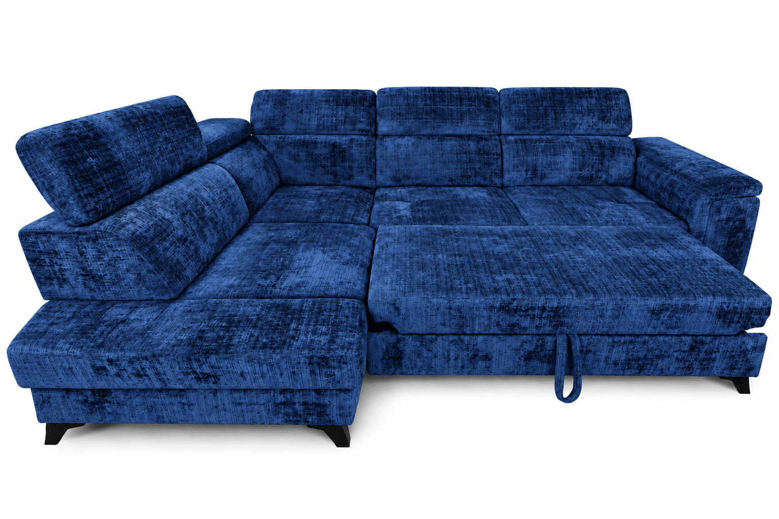 Canapé d’angle convertible MATRAS – Tissu bleu nuit avec coffre de rangement et têtières réglables – Image 4