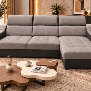 Canapé d’angle convertible et réversible PLAZA avec têtières relevables et coffre de rangement en tissu gris et microfibre noir