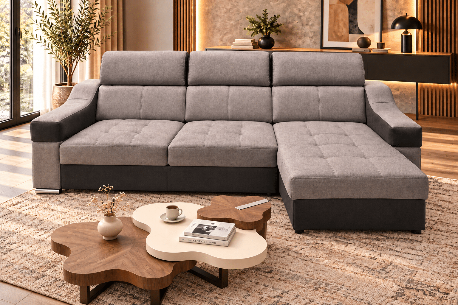 Canapé d’angle convertible et réversible PLAZA avec têtières relevables et coffre de rangement en tissu gris et microfibre noir