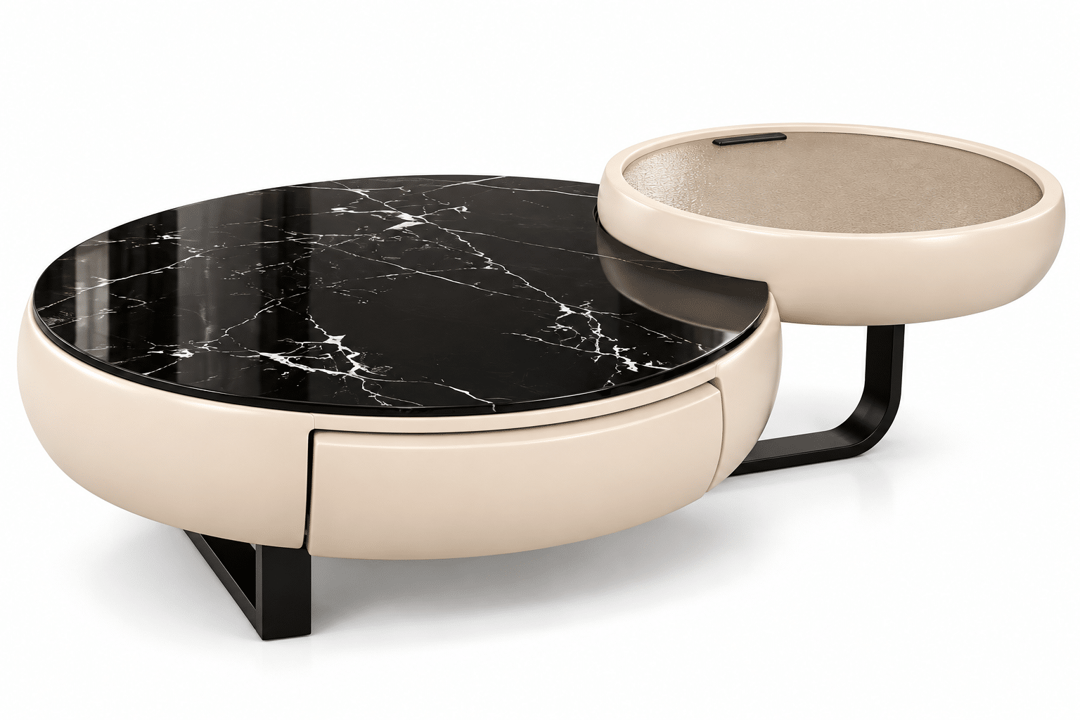 Table basse TRAKI design ronde – Effet marbre noir & finition beige – Image 2