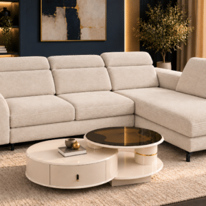 Canapé d’angle convertible TYLOR – Velours côtelé BEIGE  avec têtières réglables avec coffre de rangement