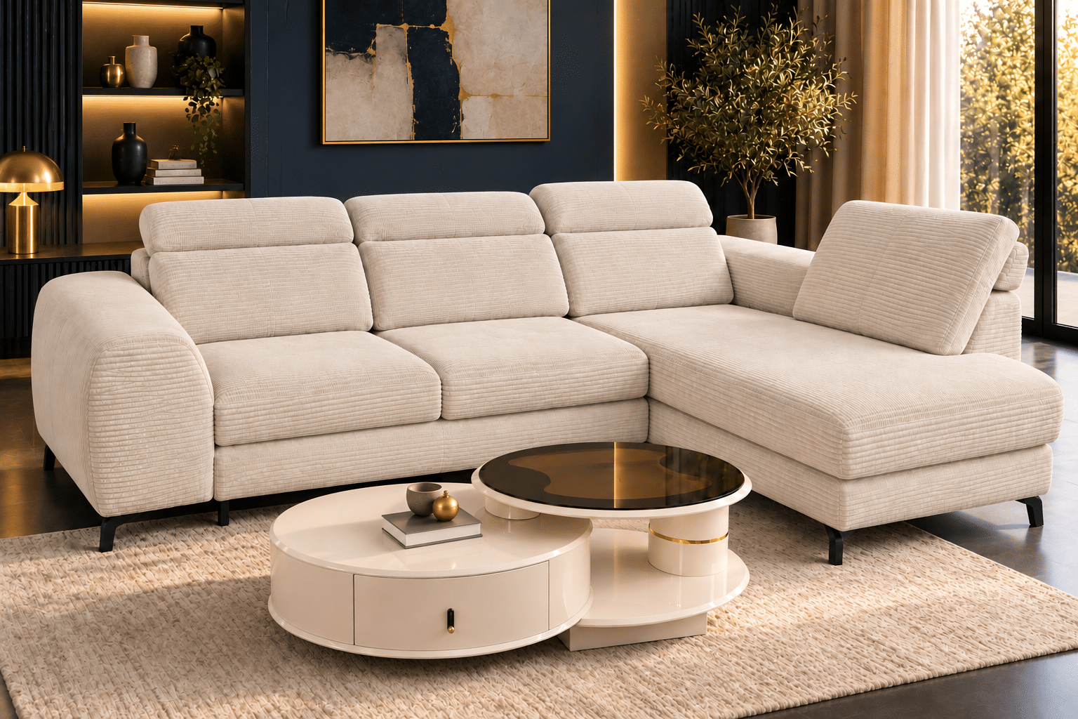Canapé d’angle convertible TYLOR – Velours côtelé BEIGE avec têtières réglables avec coffre de rangement