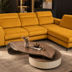 Canapé d’angle convertible TYLER – Velours moutarde avec têtières réglables