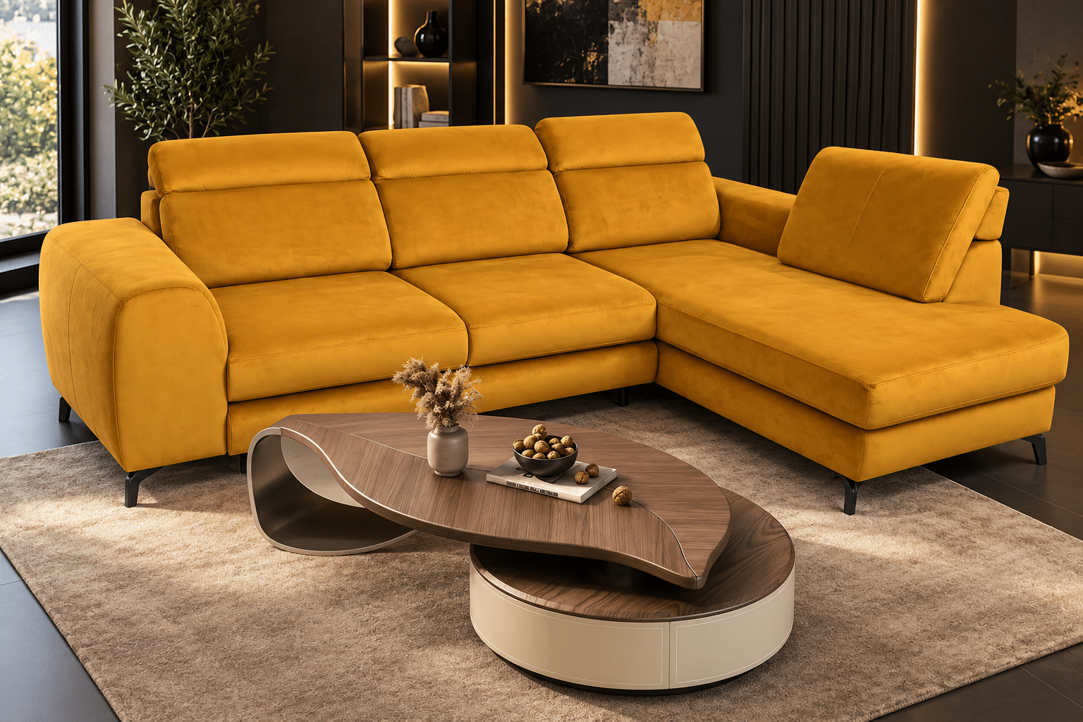 Canapé d’angle convertible TYLER – Velours moutarde avec têtières réglables